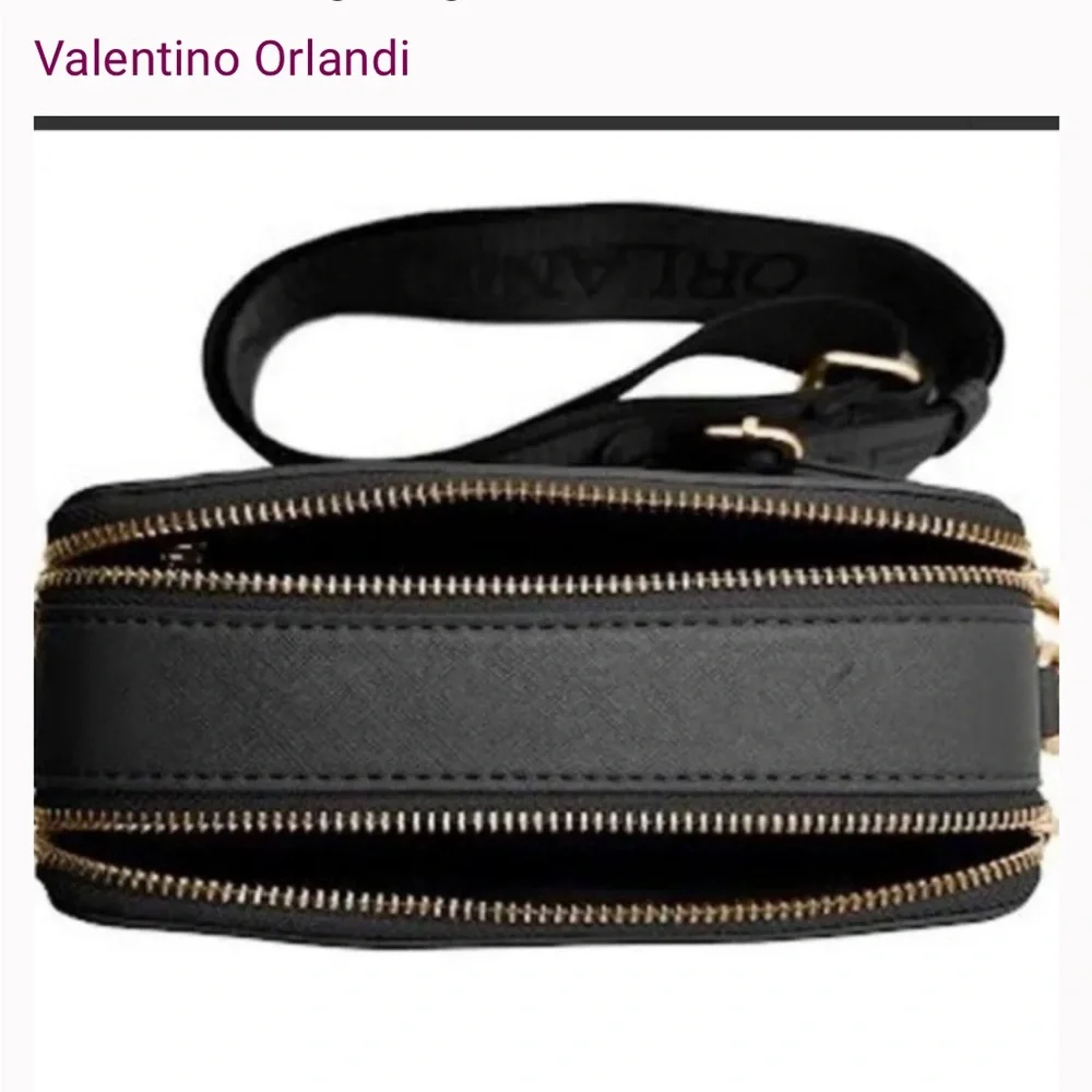 NWT Valentino Orlandi Black Gold Studded Textured Crossbody Camera Bag Purse